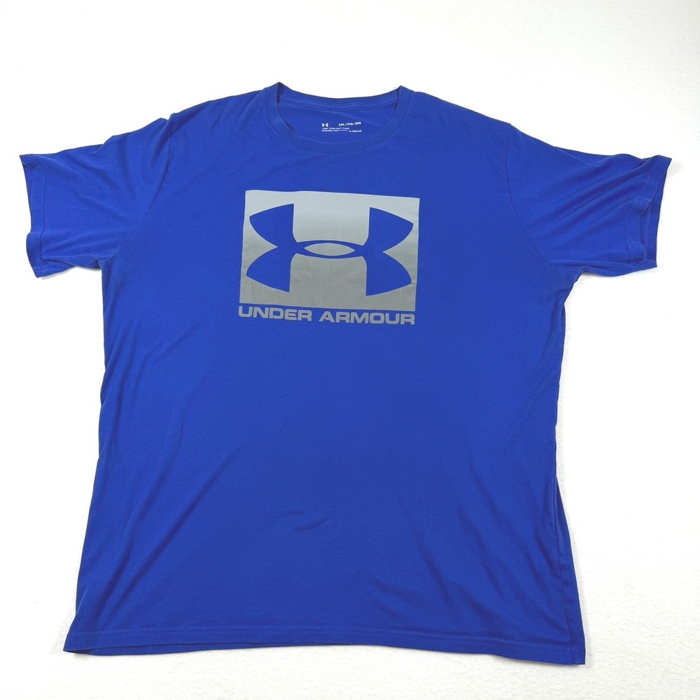 Under Armour HeatGear Mens XXL Blue Silver Big Logo Graphic Loose Fit T-Shirt